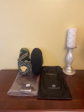 New Versace Black, Green & Gold Logo Slip-On Slippers